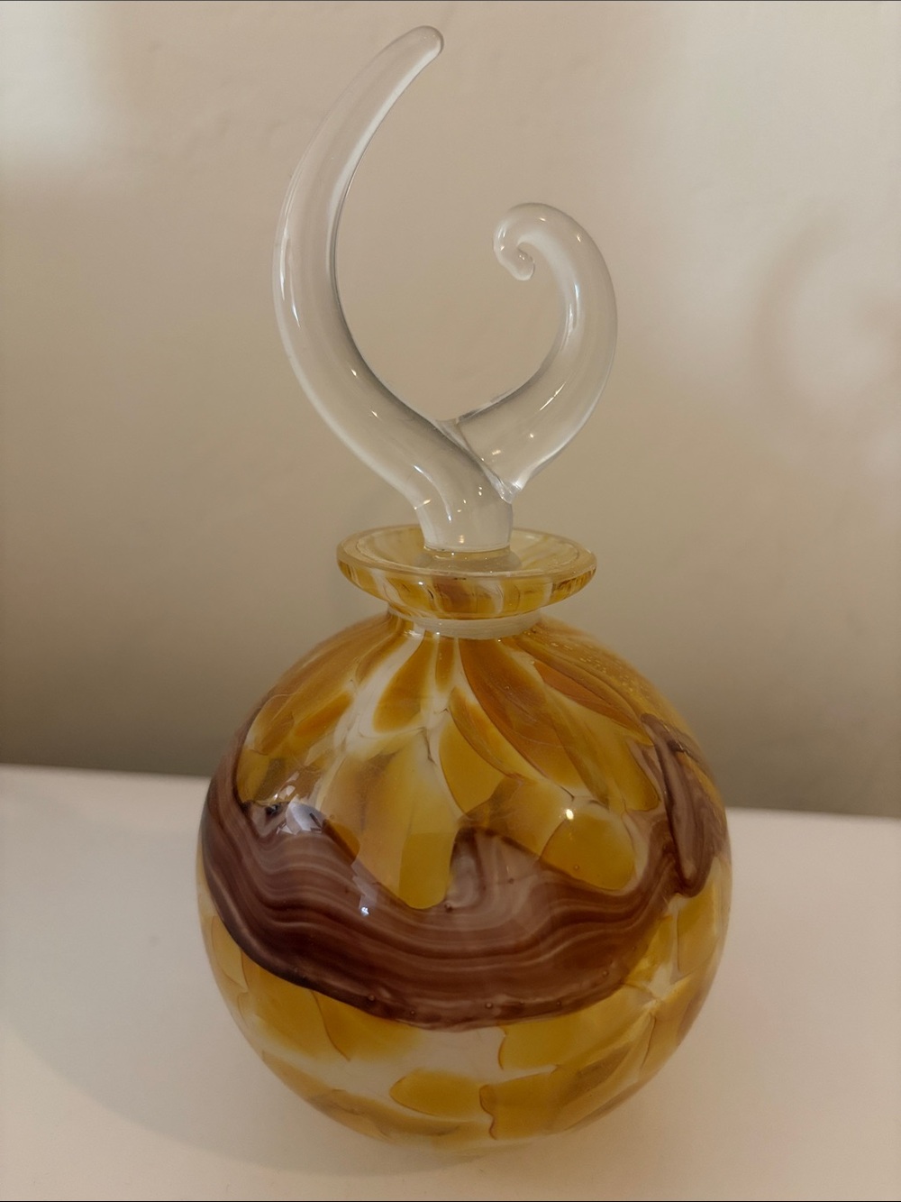 Handblown Yellow and Brown Glass Perfume Bottle with Clear Swirl Stopper